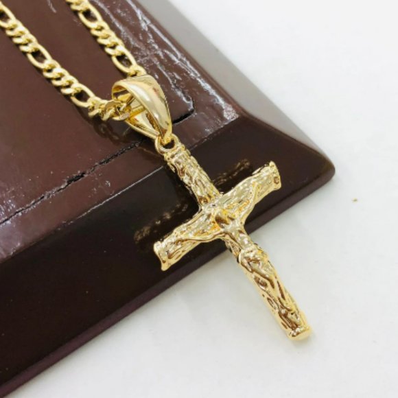 Yellow Gold Filled Rustic Cross Necklace with Figaro Chain 24" for Mens Womens - Picture 4 of 8